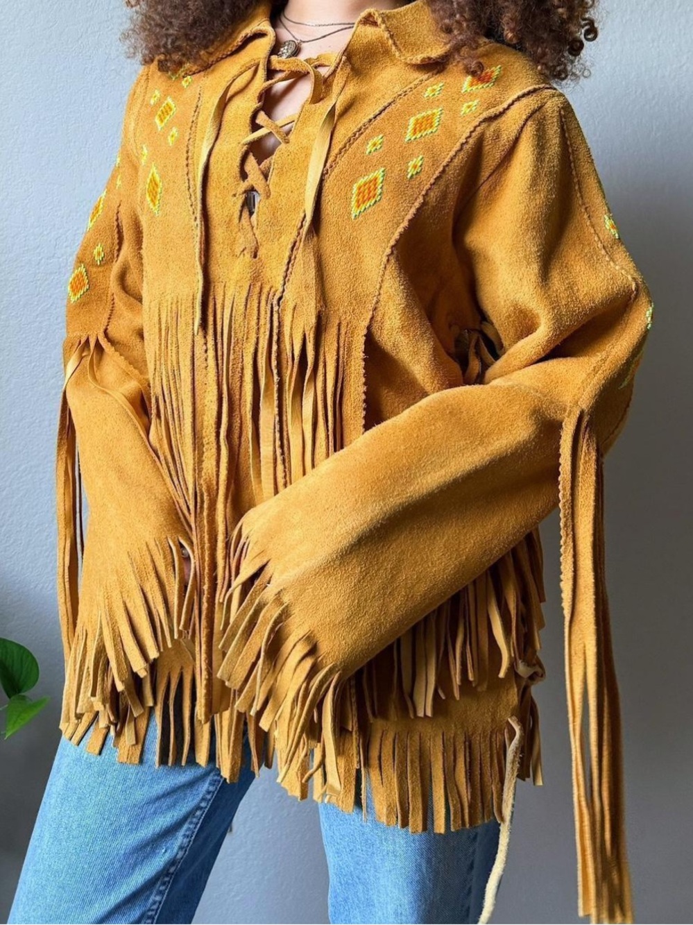 Amazing 1960’s beaded fringe buckskin pull over jacket stagecoach burning man